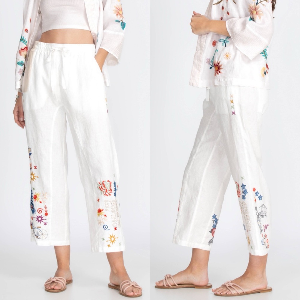Johnny Was White Cropped Linen Pants with Multicolor Embroidery